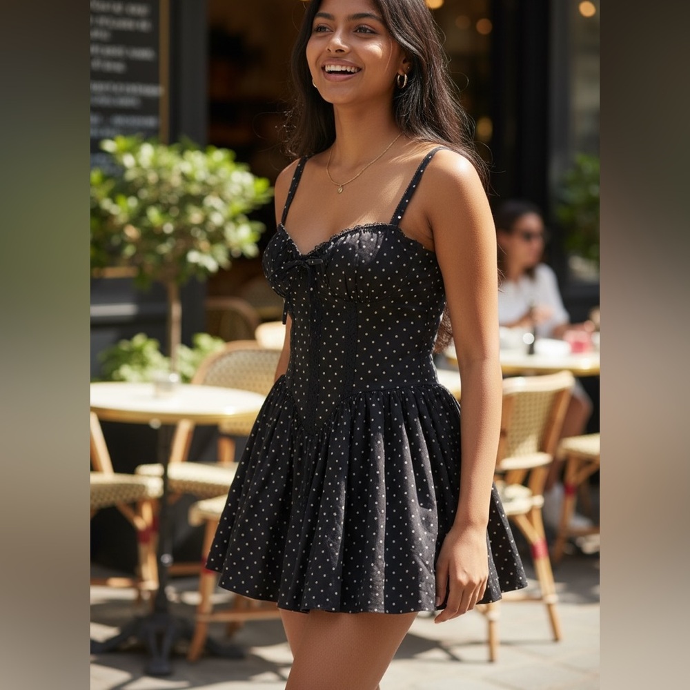 R+F Women Polka Dot Corset Mini Dress Lace Trim Fit Flare Sz M Black Coquette - Picture 15 of 15